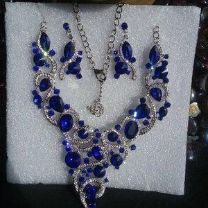 STUNNING ROYAL BLUE CRYSTAL NECKLACE EARRINGS /w MAGNETIC RHINESTONE EXTENDER